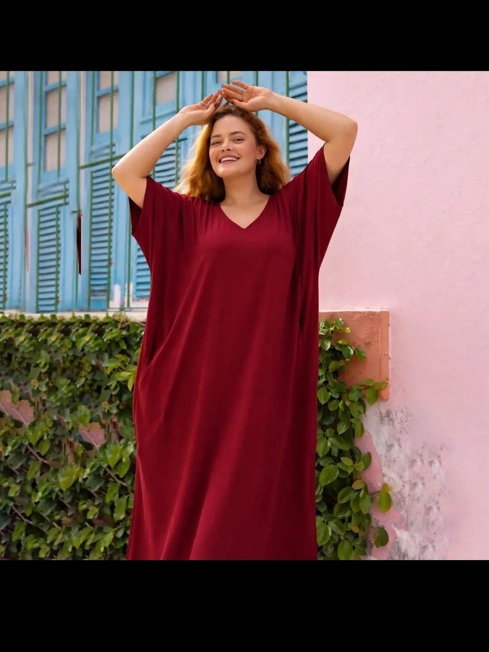 Women’s V-Neck Burgundy Swim Cover-Up Caftan - Picture 8 of 10